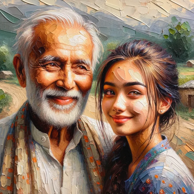 Portrait of Father and Daughter - a beautiful portrait of a father and his daughter - AI image generated with Art - oil painting with palette knife