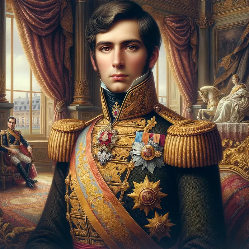 Portrait of Fernando VII - A detailed historical portrait of King Fernando VII of Spain. He is depicted in regal attire, with elaborate royal garments, complete with gold embroidery and a sash. The background includes a grand palace interior with rich drapery and antique furniture that reflects the early 19th century. His expression is dignified and authoritative, capturing the essence of his reign. - AI image generated with Art