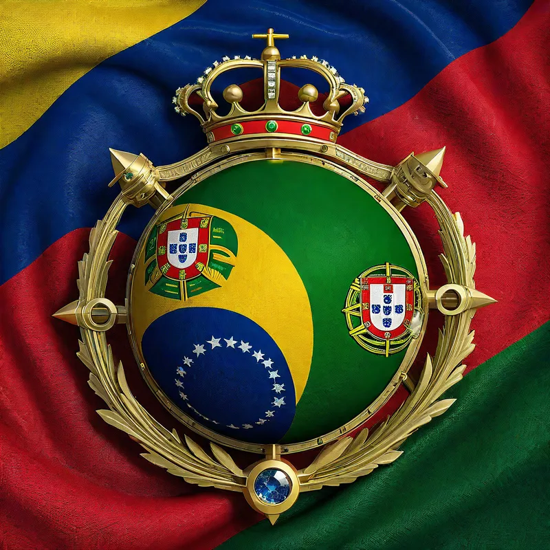 Portugal vs Brazil Flags - A vivid image displaying the Portuguese flag and the Brazilian flag side by side. The Portuguese flag is characterized by its green and red colors with a complex coat of arms featuring an armillary sphere and shield with five smaller blue shields and seven castles. The Brazilian flag showcases its green background with a yellow diamond in the center housing a blue globe with stars depicting the Brazilian night sky and the national motto 'Ordem e Progresso' written across a band. Both flags are depicted waving in the wind, representing a friendly rivalry or comparison between the two nations. - AI image generated with Photorealistic
