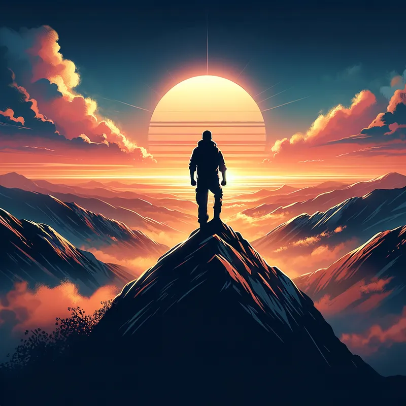 Positive Dawn - An illustration of a person standing on a mountain peak during sunrise, with a powerful motivational quote in bold font, symbolizing strength and optimism. - AI image generated with Art