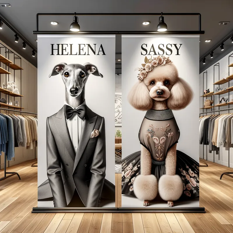 Poster Pups of Canine Fashion - A promotional banner inside the boutique features Helena and Sassy as the poster pups for the latest fashion line, in preparation for the grand opening. Both dogs are impeccably dressed, capturing the essence of canine elegance and style. - AI image generated with Art