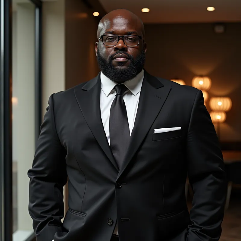 Power and Poise - A striking image of a black man with a big build, radiating strength and elegance in a professional setting. - AI image generated with Photorealistic 2