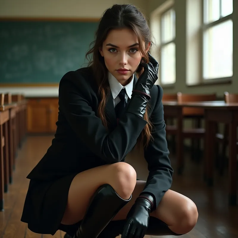 Power and Poise: Schoolgirl in Black Leather - A mesmerizing young woman with a stern, divine face, outfitted in a traditional school uniform, shiny black leather gloves, and immaculate, rigid riding boots. She crouches confidently in a classroom, looking at the viewer with a defiant, taunting sparkle in her eyes. - AI image generated with Photorealistic 2