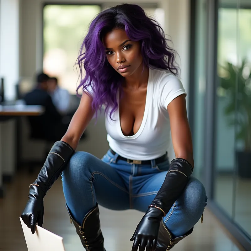 Powerful African Woman in Office - A stunning African girl with striking violet hair and mischievous eyes, dressed in a plunging white t-shirt that highlights her generous chest. She wears shiny black leather gloves, blue jeans tucked into glossy high black riding cowboy boots with prominent stitching. The woman is crouched down with her back to the viewer, slightly facing you, picking up a folder from the office floor, her gaze fixed with an intense, dominating smile. - AI image generated with Photorealistic 2