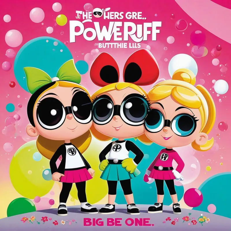 Powerful and Grown - The Powerpuff Girls, now in their adult years, stand tall and powerful. Blossom, Buttercup, and Bubbles are depicted in modern, artistic fashion, conveying their strength and unity. Bold text reads, 'Big Be Not The Lil One' in a creative and eye-catching style. - AI image generated with Photorealistic