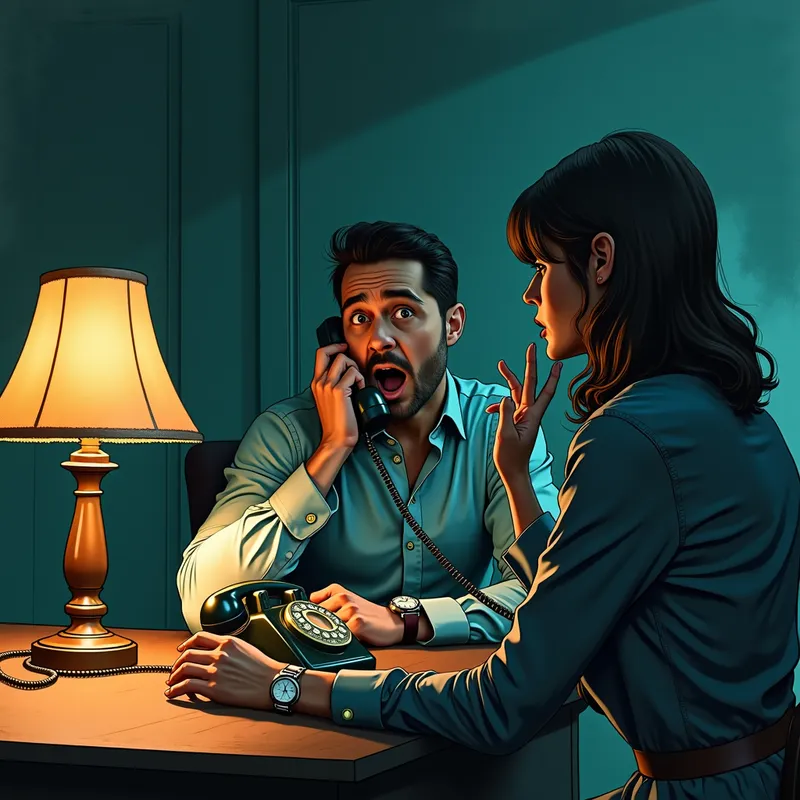 Power in Shadows - Amidst a noir backdrop, a desperate man shouts into an old rotary phone, flickering lamp light casts shadows on half his face. On the other end, a woman's cold, detached hand holds a phone, her wristwatch showing 4:45 PM. The scene is rendered in harsh shadows with a teal and orange palette, highlighting the power imbalance. - AI image generated with Photorealistic 2 - sketching