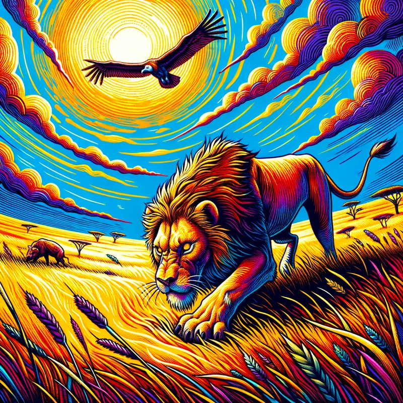 Predator and Scavengers - Amid the harsh light of high noon, a lion prowls stealthily in the savanna, eyes set on potential prey. Overhead, vultures glide distally, anticipating their chance. The sun's heat creates a dynamic, tense atmosphere. - AI image generated with Art - doodle, vivid colors