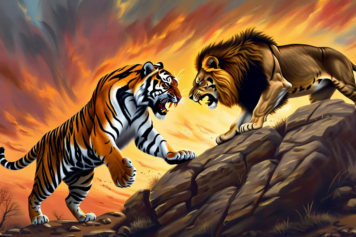 Predator's Duel - A close-up action shot of a tiger and lion fighting fiercely atop a rocky hill. Their eyes are locked in a primal stare, and their fur flies as they grapple with each other. The backdrop features a dramatic sunset with fiery skies. - AI image generated with Nova Canvas - J.M.W. Turner, oil art