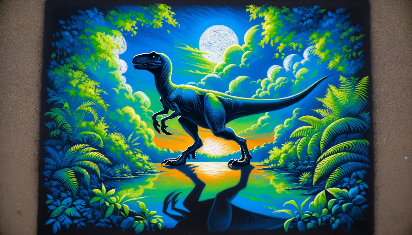 Prehistoric Glow - A mesmerizing scene of a velociraptor silhouette highlighted by a vibrant blue and green horizon, surrounded by lime green foliage. The artwork uses vivid colors and excludes any white chalk. - AI image generated with Art