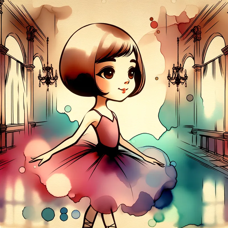 Pretty Cure Ballet - A serene scene of Honoka Yukishiro from Pretty Cure practicing ballet in black pointe shoes, with a background of a beautiful dance studio. - AI image generated with Art - alcohol ink, cartoony, colorful