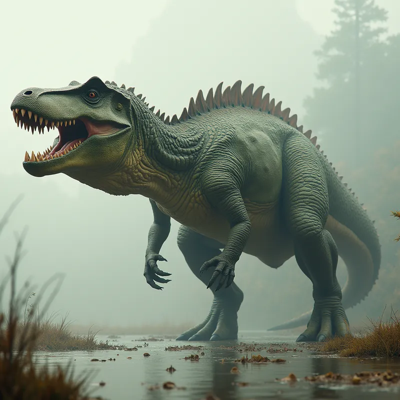 Primeval GatorSaur - A massive fantasy creature blending a Tyrannosaurus rex and an alligator into one fearsome predator, with a huge crocodilian head, muscular dinosaur body, ridged tail, and rough green-brown scales, set in a prehistoric wetland, epic composition, ultra-realistic, cinematic. - AI image generated with Photorealistic 2