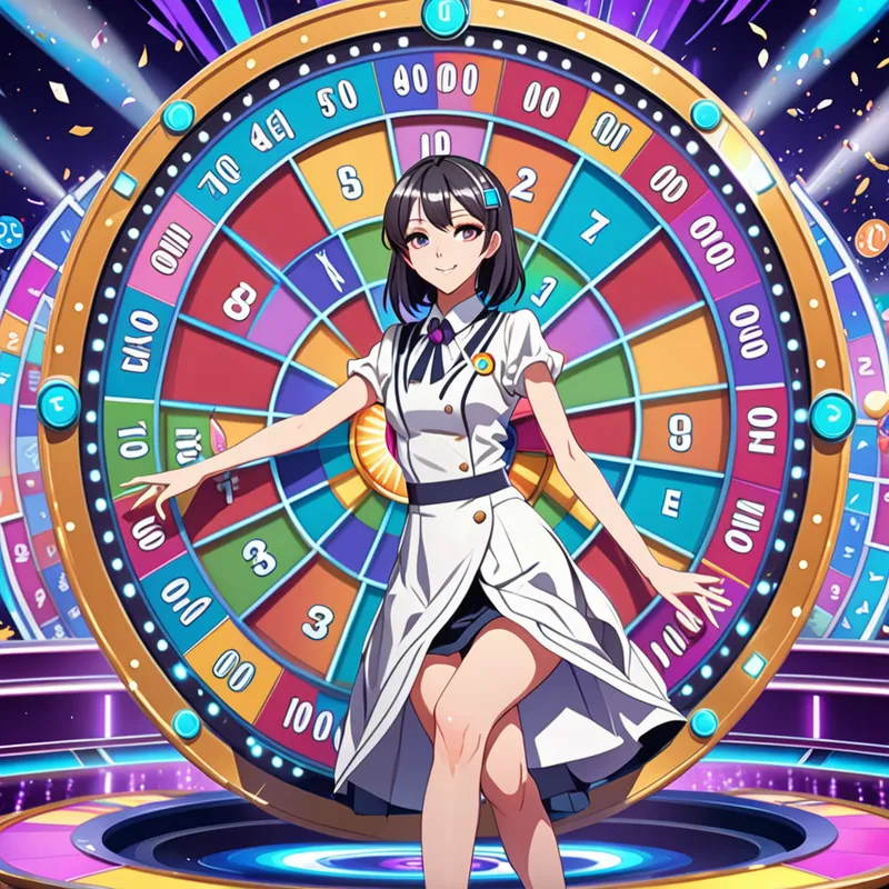 Prize Wheel Princess - An elegant anime girl contestant on a wheel of fortune-style game show, mid-spin with the colorful wheel, sparkling stage design, dramatic highlights, whimsical and polished anime aesthetic. - AI image generated with Fictional