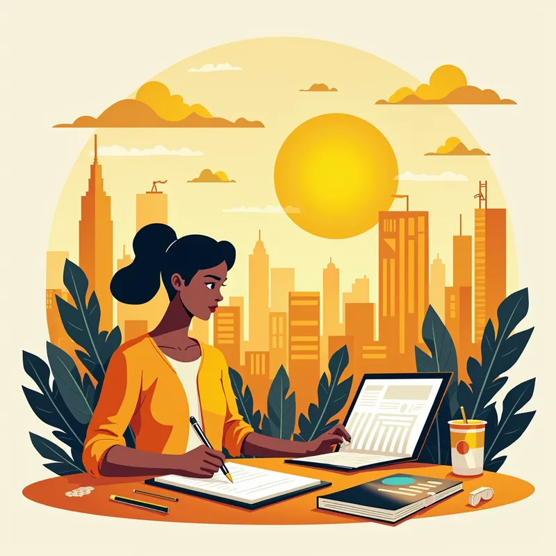 Proactive Energy - A dynamic illustration of a person actively engaging in various productive activities, such as writing, reading, and planning. The background showcases a bustling cityscape under a rising sun, symbolizing a fresh start and endless possibilities. Bright, motivating colors like yellows and oranges dominate the scene, underscoring a sense of urgency and forward momentum. - AI image generated with Photorealistic 2