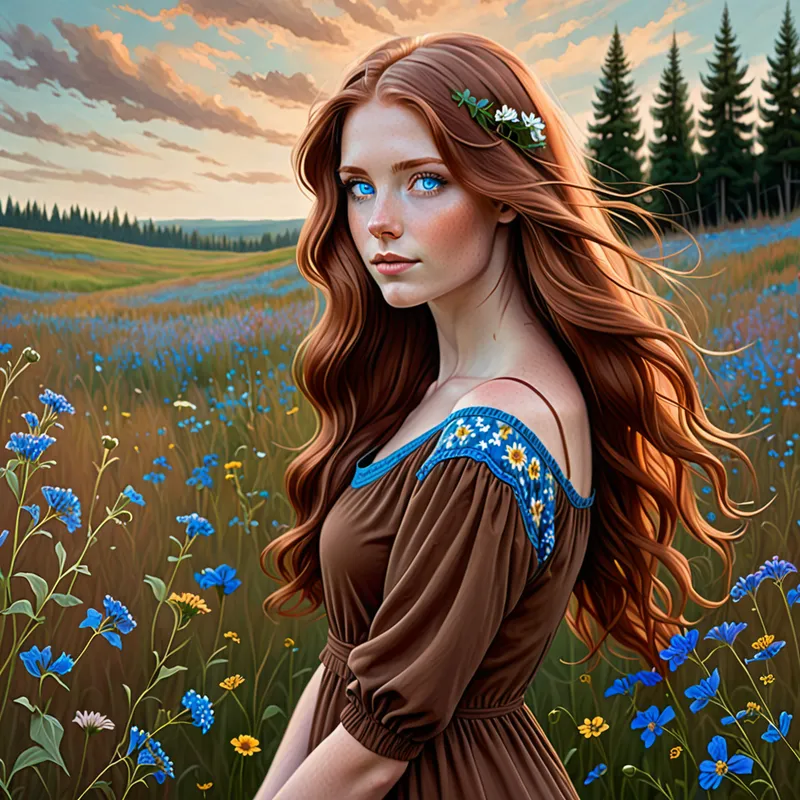Profile of Auburn Maiden in Wildflowers - a beautiful young woman with long, wavy auburn hair and bright blue eyes. She wears a beautiful but simple brown dress and stands in a field of wildflowers. - AI image generated with Fictional - profile view, fantasy art