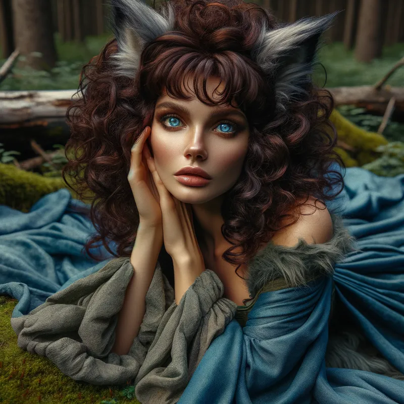 Prone Blue-Cloaked Outcast - A fantasy character: woman with wolf ears, brown curly hair, bangs, and blue eyes, dressed in a flowing blue cloak. She is laying prone on a mossy forest floor, her face marked with an emotional, betrayed stare. - AI image generated with Art