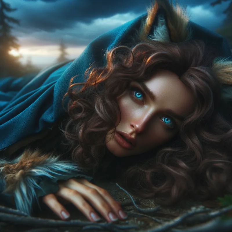 Prone and Heartbroken - A fantasy scene of a woman with blue eyes, brown curly hair and wolf ears wrapped in a blue cloak, lying prone on the earth, her expression a powerful mix of pain and betrayal beneath a cloudy twilight sky. - AI image generated with Art
