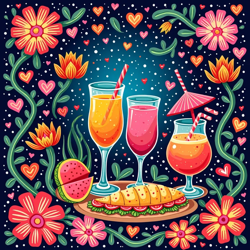 Psychedelic Cultural Celebration - An image portraying a Filipino-style fiesta with psychedelic influences. The design features a lively scene with swirling patterns, vibrant colors, love hearts, and flowers. Traditional Filipino colors and textures are prominent, along with subtle references to Filipino food and drinks, creating a visually striking and culturally rich celebration. - AI image generated with Photorealistic 2