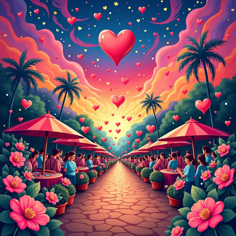 Psychedelic Joyful Fiesta - A visually striking psychedelic image of a Filipino-style fiesta. The scene is filled with swirling vibrant colors, love hearts, and flowers, exuding a lively and joyful atmosphere. Traditional Filipino colors and textures are used, along with subtle incorporations of Filipino food and drinks to give the design an authentic cultural touch. - AI image generated with Photorealistic 2