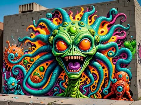 Psychopathic Neon Alien Street Mural