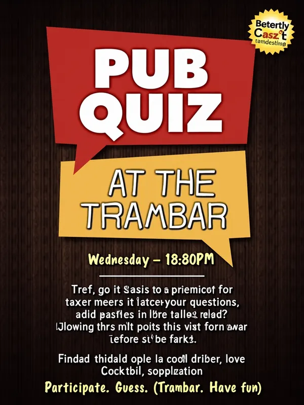 Pub Quiz Flyer Design - Super! Here is a suggestion for your pub quiz flyer design that you can easily create in Canva:

---

Layout Idea for Your Pub Quiz Flyer

1. Background:

Dark pub look or a wood texture background

Possibly a slightly blurred bar silhouette in the background

2. At the top, large and bold: PUB QUIZ AT THE TRAMBAR
Wednesday | Start: 8:00 PM
(Font: playful or retro style)

3. Middle section: Box or colored frame with text:

> Are you a quiz champion or just curious? Then grab your friends...

With icons or small symbols next to it:

Question mark symbol for the "tricky questions"

Star or gift for "bonus points"

Cocktail glass or beer mug for "cool drinks"

4. Bottom:

Date: [insertable]

Location: Trambar, [address]

Registration: [contact info]

5. Footer: Participate. Guess. Have fun.
(Font in a cursive, relaxed typeface)

---

You can easily recreate this layout in Canva. Would you like me to find an exact template with a similar layout for you once the plugin is available again? - AI image generated with Text