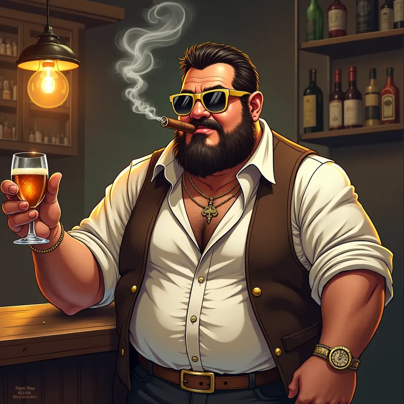 Pudgy Tavern Keeper Smoking - An illustration of a chunky tavern keeper with a robust physique, leisurely smoking a cigar. The character is adorned with oversized, gold sunglasses, giving him an air of wealth and authority. - AI image generated with Photorealistic 2