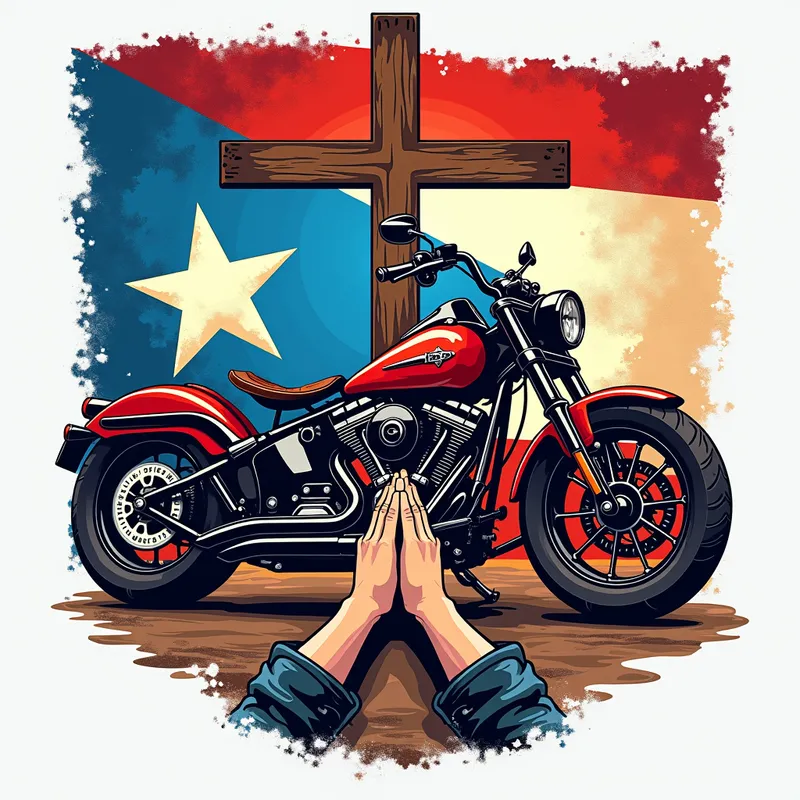Puerto Rican Heritage Ride - A vibrant T-shirt design featuring the Puerto Rico flag, a motorcycle, a cross, and praying hands, highlighting a blend of cultural pride and spirituality. - AI image generated with Photorealistic 2