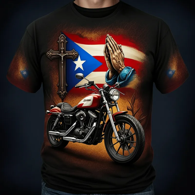 Puerto Rican Heritage Ride - A vibrant T-shirt design featuring the Puerto Rico flag, a motorcycle, a cross, and praying hands, highlighting a blend of cultural pride and spirituality. - AI image generated with Imagen 3
