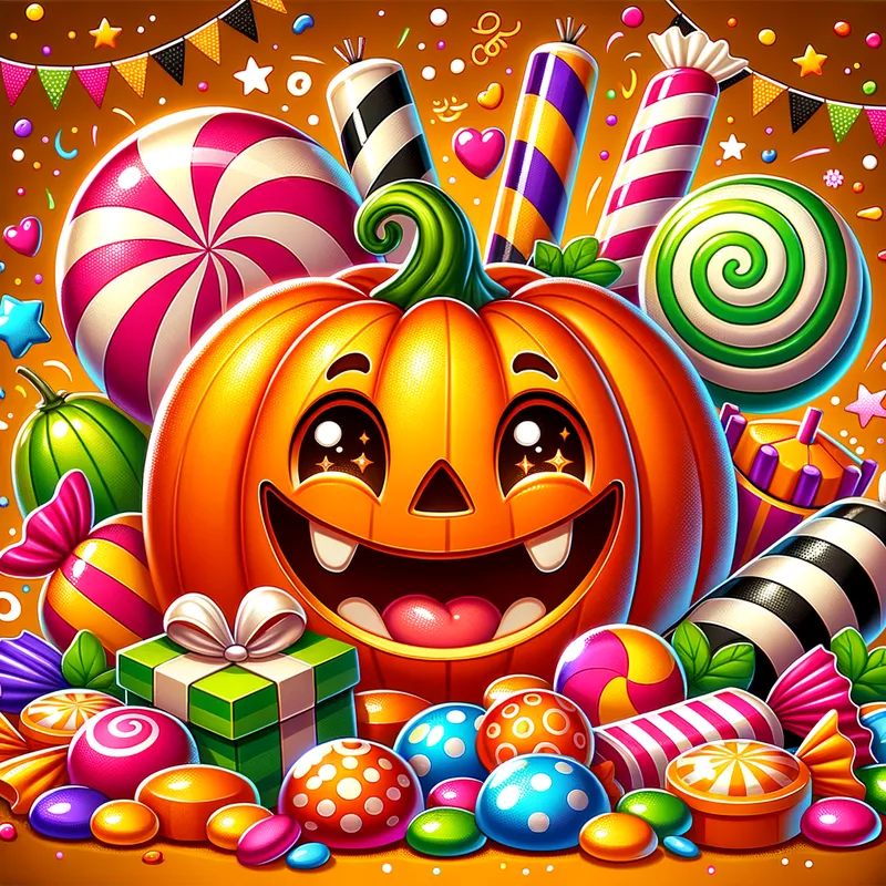 Pumpkin with Candy - A happy, friendly pumpkin with a wide grin, surrounded by colorful candy and pieces of wrapped sweets, designed with a playful and vibrant style. - AI image generated with Art
