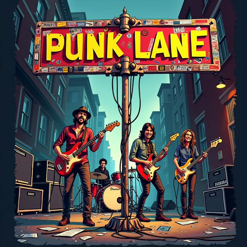 Punk Lane Live - A raw and spirited band logo design featuring 'Punk Lane' on a street sign covered in stickers and paint. The backdrop includes the band playing fervently amidst the clutter and chaos of a city street stage. - AI image generated with Text