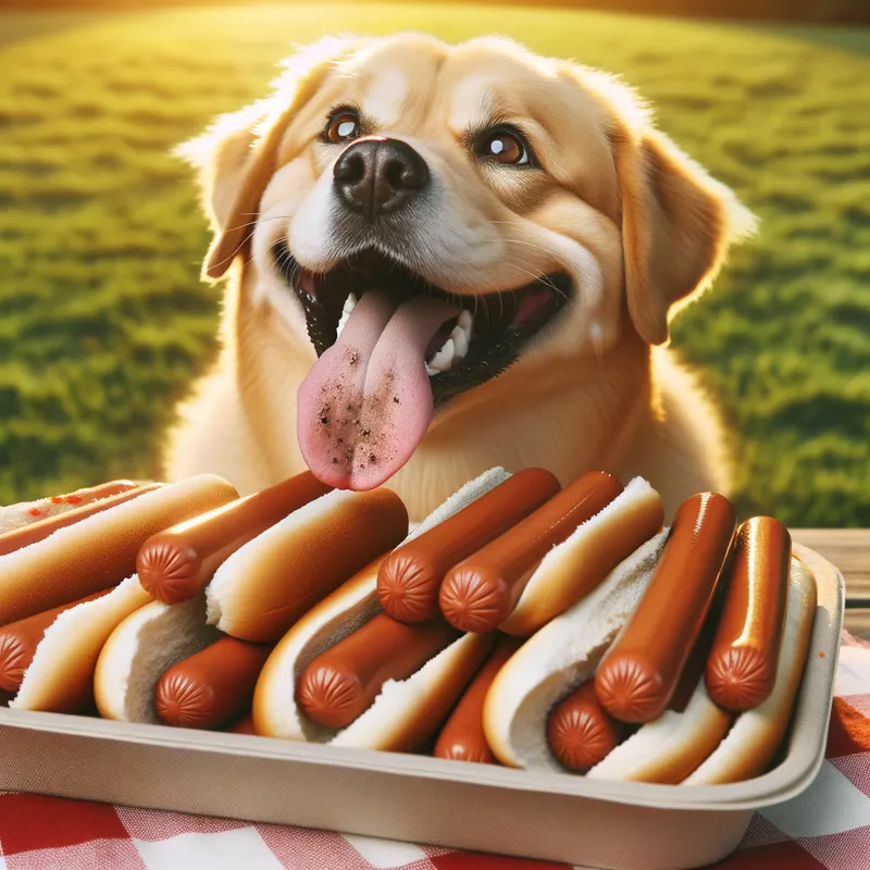 Puppy's Playful Picnic - A charming scene of a cheerful dog reveling in a hot dog-filled feast, with a touch of playful dirt on its face. - AI image generated with Art