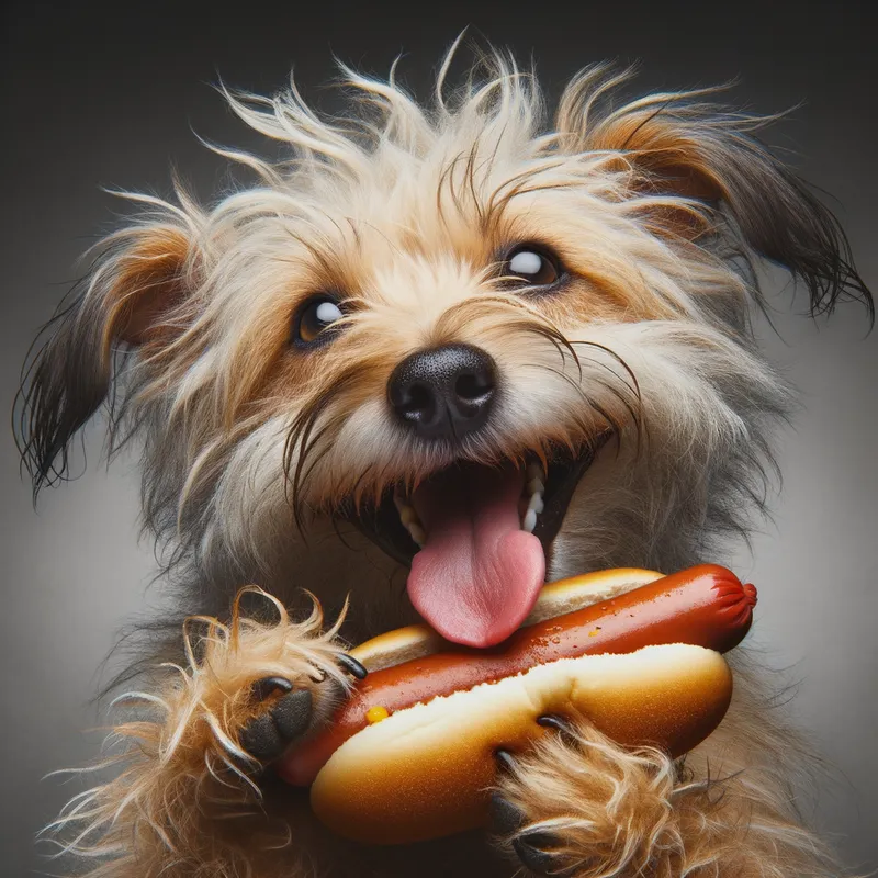 Pup's Delight - A no-nonsense pup enjoying a savory hot dog, its rough-and-tumble appearance contrasting with its evident joy. - AI image generated with Art