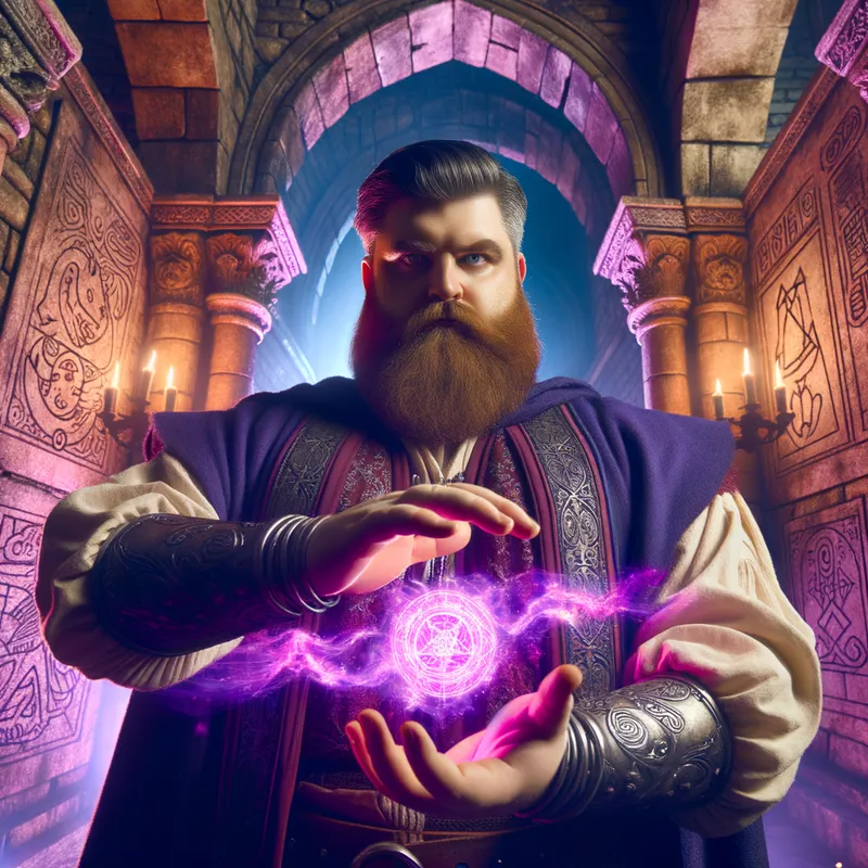 Purple Burst - A chubby man in a traditional warrior outfit, casting a brilliant purple explosion from his hands towards the viewer. The scene is set in an ancient ruin, with mystical symbols and a magical aura around. - AI image generated with Art
