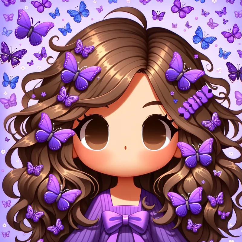 Purple Butterfly Girl - A girl with wavy brown hair adorned with purple butterfly hairclips, matching purple bow in the back, wearing a purple top, surrounded by a multitude of purple butterflies. - AI image generated with Art - cartoony, 1/3 side view