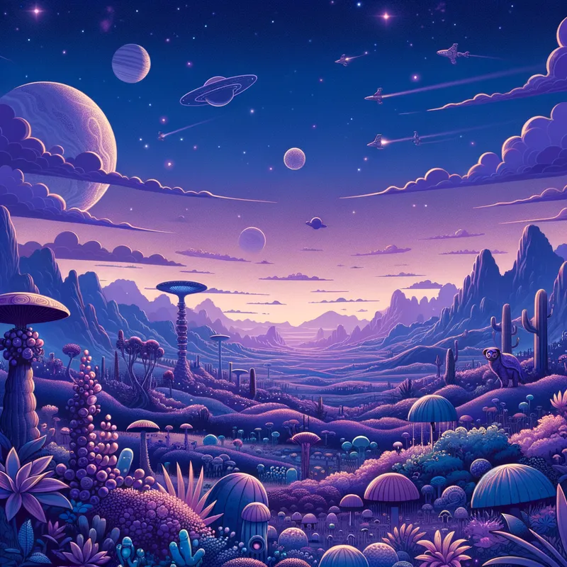 Purple Planet: Alien Life - its a different planet, the sky is purple. Life is different, the people aree strange. lots of wildlife and plants
- AI image generated with Art