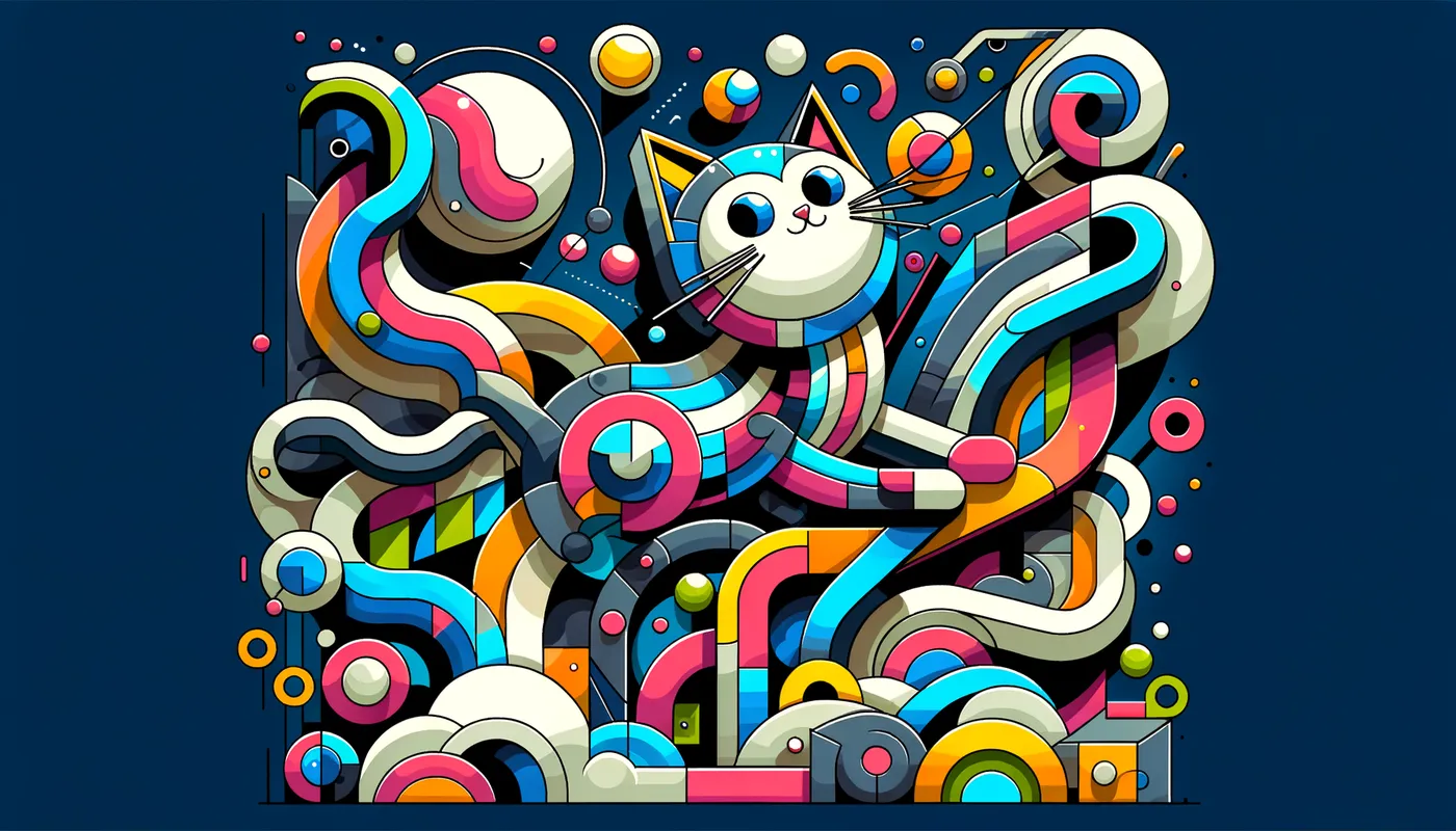 Purrfect Pandemonium - A cartoon cat, with a vibrant, almost cubist-inspired design, engaged in a whimsical, chaotic scene, filled with abstract shapes and playful, energetic details. - AI image generated with Art