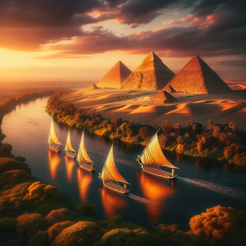 Pyramids, Nile Shadows, Pharaonic Boats - A professional, high-quality image of the pyrA professional, high-quality image of the pyramids, the shadows of the Nile, and pharaonic boats.amids, the shadows of the Nile, and pharaonic boats. - AI image generated with Art