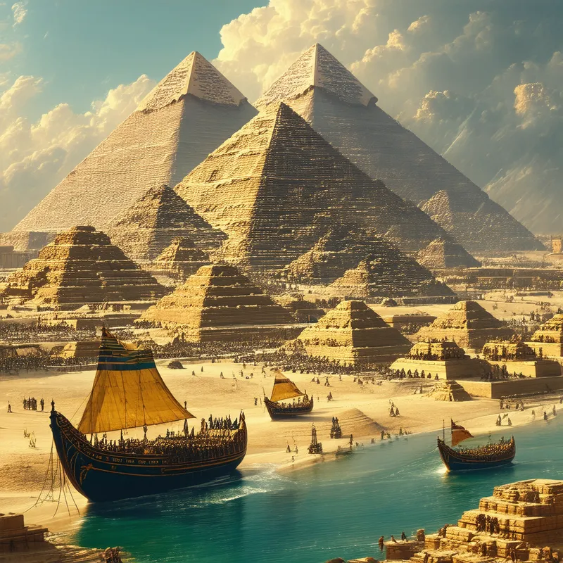 Pyramids, Nile Shadows, Pharaonic Boats - A professional, high-quality image of the pyrA professional, high-quality image of the pyramids, the shadows of the Nile, and pharaonic boats.amids, the shadows of the Nile, and pharaonic boats.