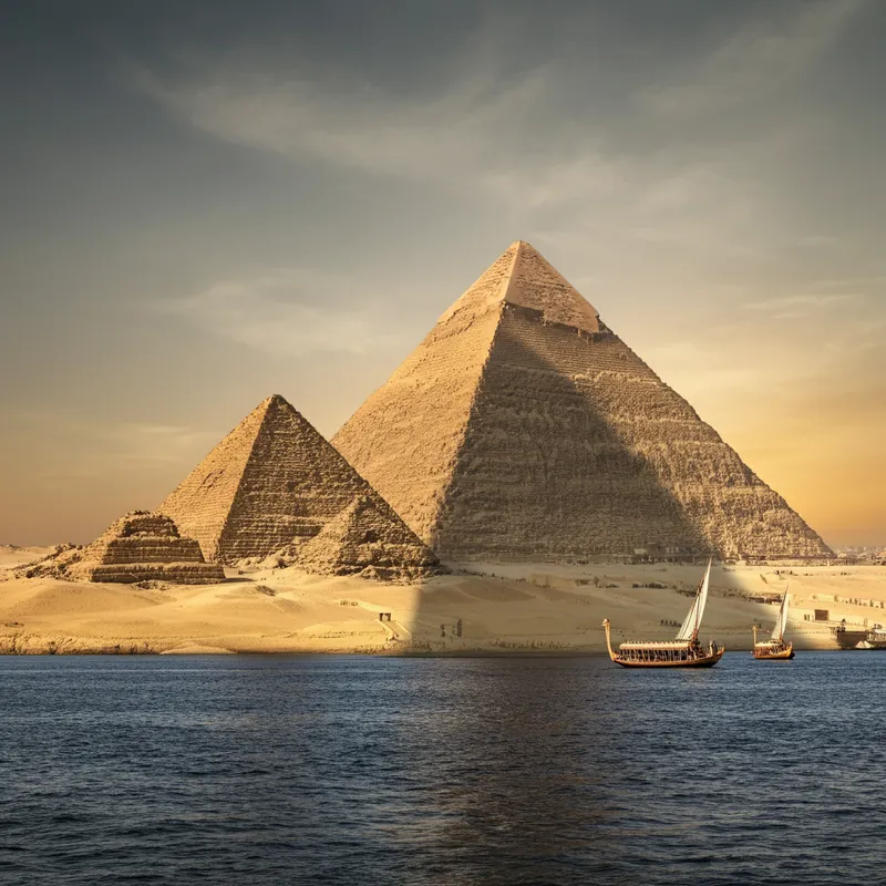 Pyramids, Nile Shadows, Pharaonic Boats - A professional, high-quality image of the pyrA professional, high-quality image of the pyramids, the shadows of the Nile, and pharaonic boats.amids, the shadows of the Nile, and pharaonic boats. - AI image generated with Imagen 3