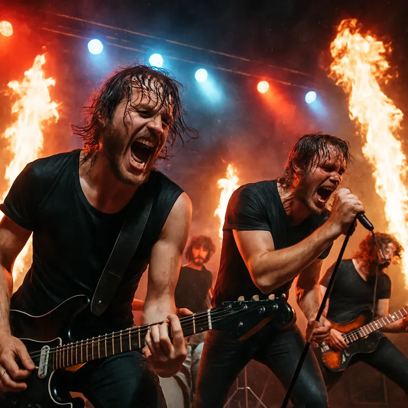Pyro-Fueled Rock 'n' Roll Fury - An electrifying rock 'n' roll band performing passionately on stage, sweat glistening as they give their all. Red, white, and blue lights flash overhead, illuminating the scene with high energy. Intense bursts of fire shoot up dramatically from the stage floor, adding heat and excitement. The musicians are wild and expressive, truly embodying the spirit of rock. - AI image generated with GPT Image