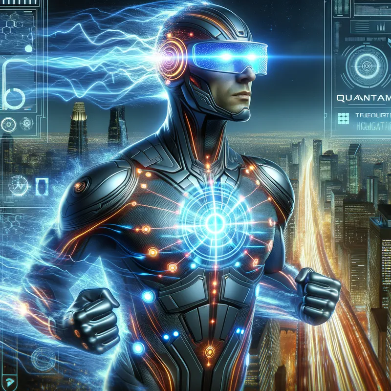 Quantum Pulse - A novel superhero who can manipulate quantum fields and teleport instantaneously. Quantum Pulse wears a futuristic bodysuit with luminescent circuits, a visor displaying data, and gloves that emit quantum energy. The environment is a high-tech metropolis with holographic billboards, and Quantum Pulse is depicted emerging from a portal to stop a high-speed chase. - AI image generated with Art