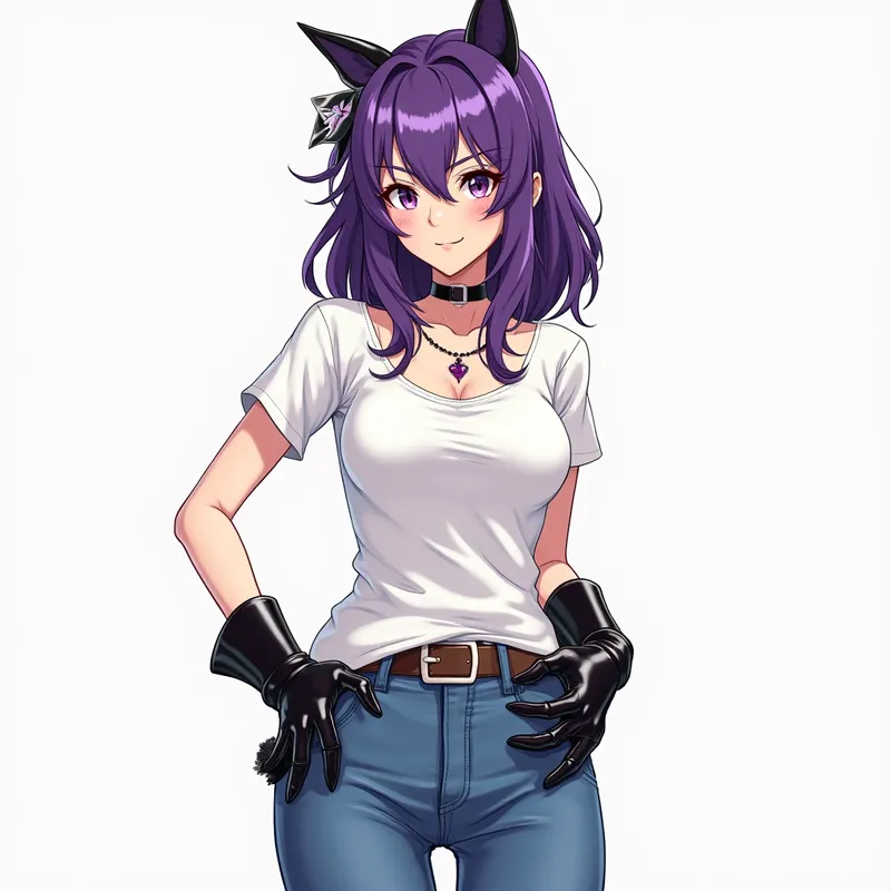 Queen of Mischief and Elegance - Illustrate a stylish Japanese young woman with stunning violet hair, alluring, mischievous eyes, and a dazzling smile of dominance. She sports a low-cut white t-shirt, blue jeans, glossy black cowgirl boots with jeans neatly tucked in, and matching shiny leather gloves. She stands powerfully over the viewer as if reigning supreme. - AI image generated with Photorealistic 2