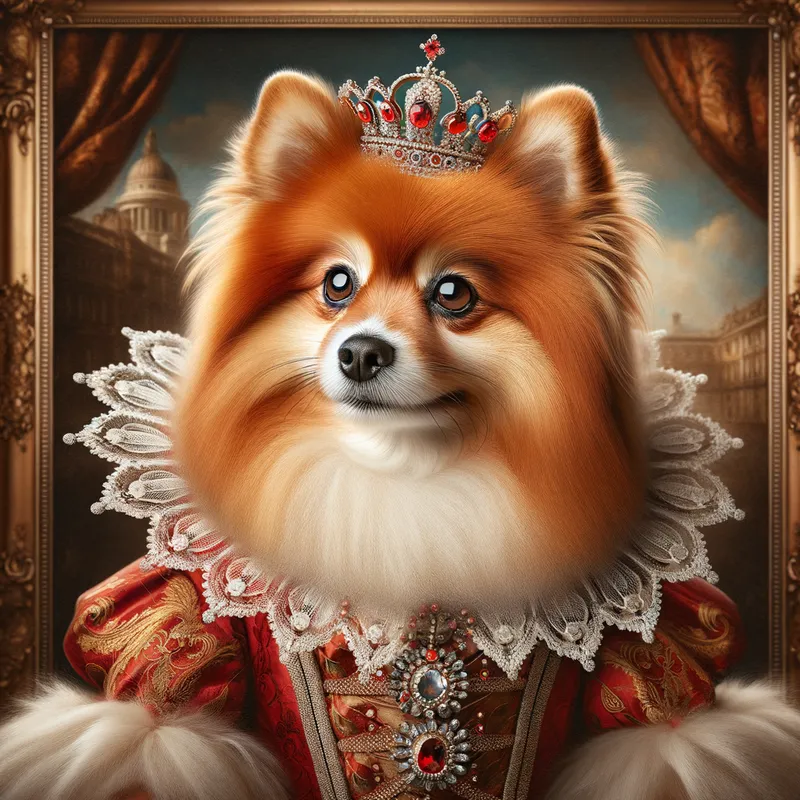 Queen's Portrait - A majestic Pomeranian Australian Shepherd dog with vibrant red fur, depicted in a detailed royal queen costume, posing for a regal portrait against a richly decorated background. - AI image generated with Art
