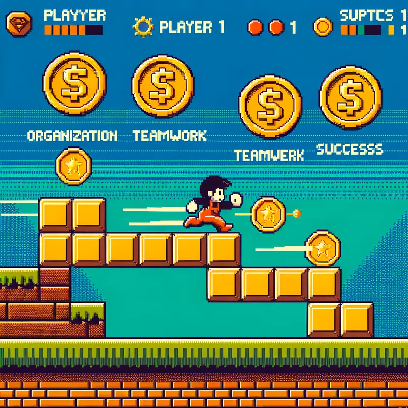 Quest for Success - In an 8-bit gaming universe, ‘Player 1: Jacob’ is shown running and jumping to collect coins labeled 'Organization,' 'Teamwork,' and 'Success,' all set against a backdrop of vibrant pixel graphics. - AI image generated with Art