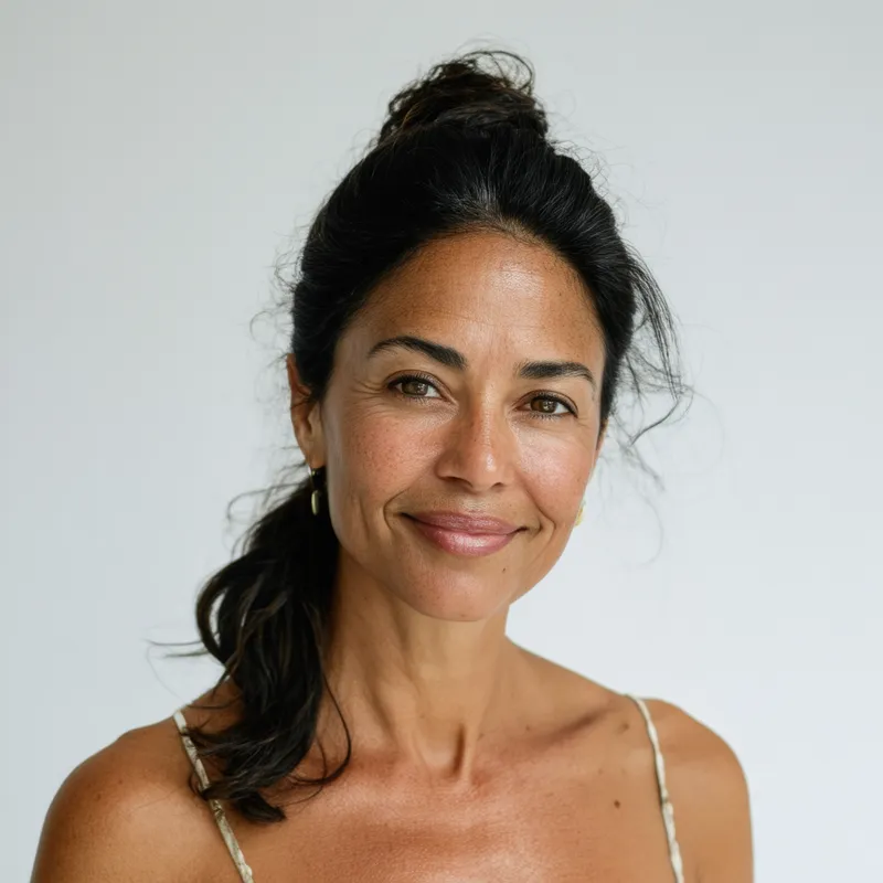 Quiet Confidence - Portrait of a 45-year-old Brazilian woman with medium-dark skin, long wavy dark hair loosely tied back, and a subtle beauty mark near her upper lip. She features soft smile lines, gentle freckles, and a calm, focused expression.