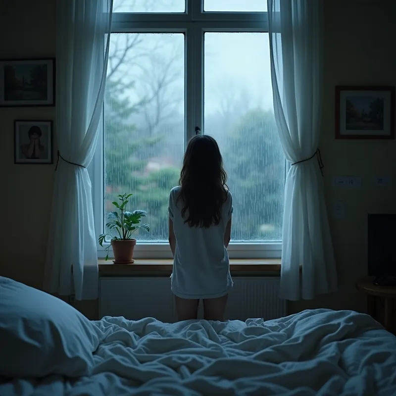 Quiet Contemplation - A girl standing in her bedroom, looking out the window at the falling rain, with a sense of calm and serenity reflected in her posture. - AI image generated with Photorealistic 2 - photorealistic