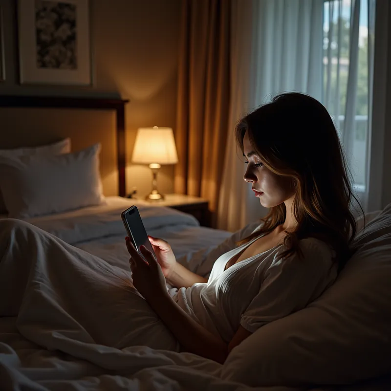 Quiet Evening - An evocative image of a young woman lounging on a hotel bed, absorbed in her phone. The room is elegantly furnished, and the evening light casts gentle shadows, bringing a peaceful and introspective mood to the scene. - AI image generated with Photorealistic 2 - night lighting