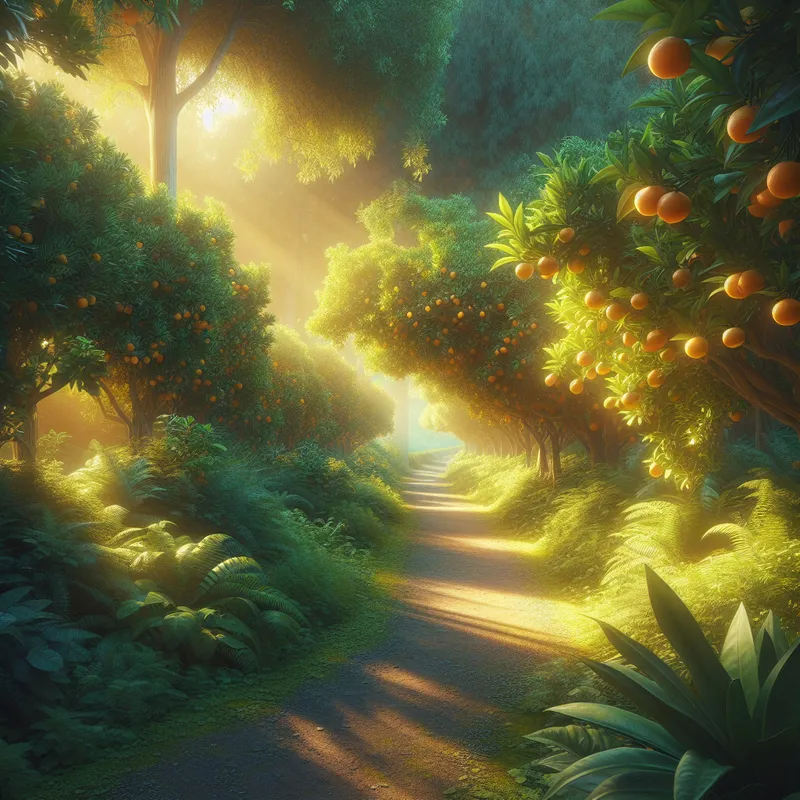 Quiet Grove Pathway - A peaceful path winding through a dense tangerine grove, with sunlight filtering through the leaves and highlighting the vibrant tangerines hanging from the branches. - AI image generated with DALL-E 3