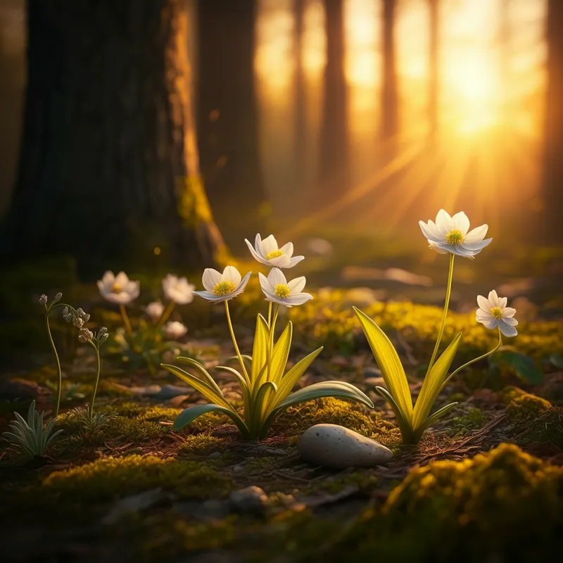 Quiet Moments - A serene and realistic depiction of a quiet forest landscape at sunset, with sunlight filtering through the trees and casting a golden glow over the flowers and serene surroundings. - AI image generated with Imagen 3 - close-up macro photograph