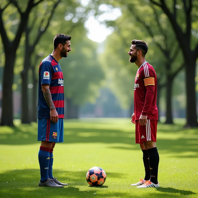 Quiet Park Challenge - A serene park setting with lush green grass and tall trees in the background. Ronaldo and Messi stand on opposite sides of a soccer ball, ready for a challenge. Ronaldo is smiling confidently at Messi. - AI image generated with Photorealistic 2