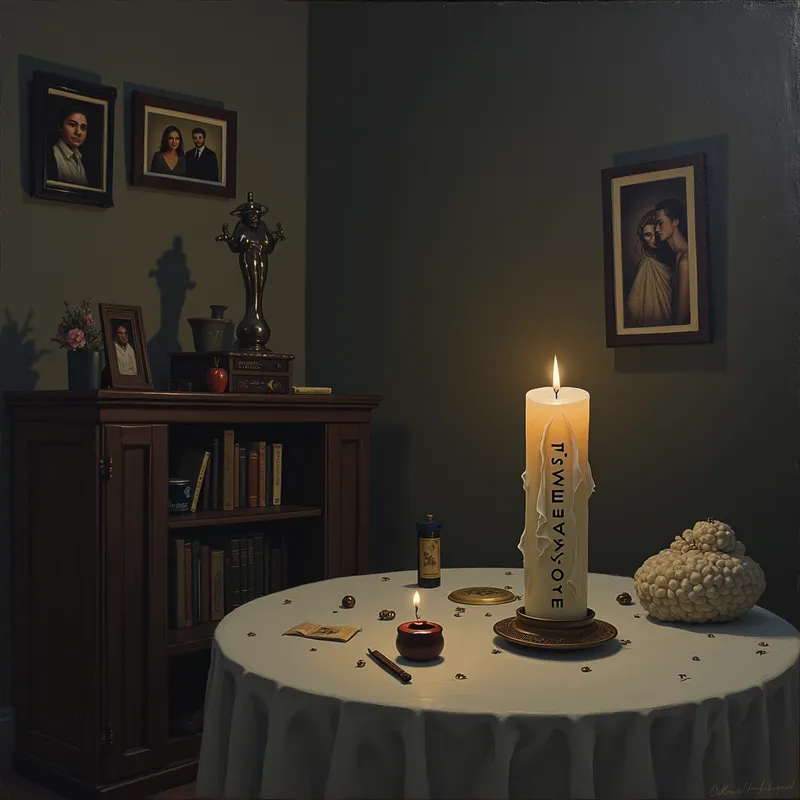 Quiet Vigil - A soulful depiction of a dim room with a single candle burning low, inscribed with 'Sleepwell Iyabode'. The room is filled with personal artifacts and framed photographs, painted in soft, melancholic tones to convey the deep emotions of grieving. - AI image generated with Photorealistic 2